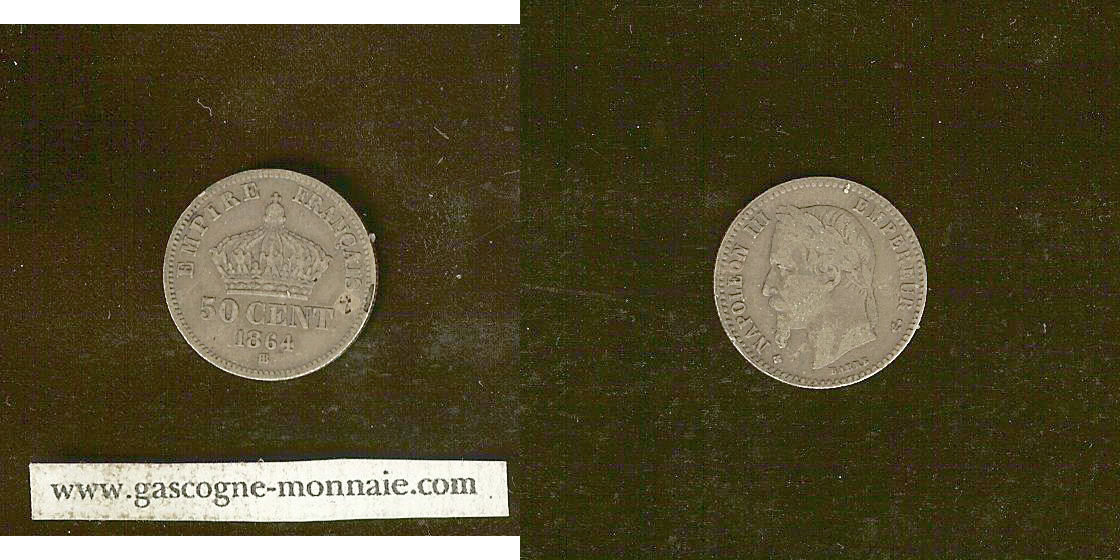50 centimes Napoléon III  1864 BB Strasbourg TB+ à TTB